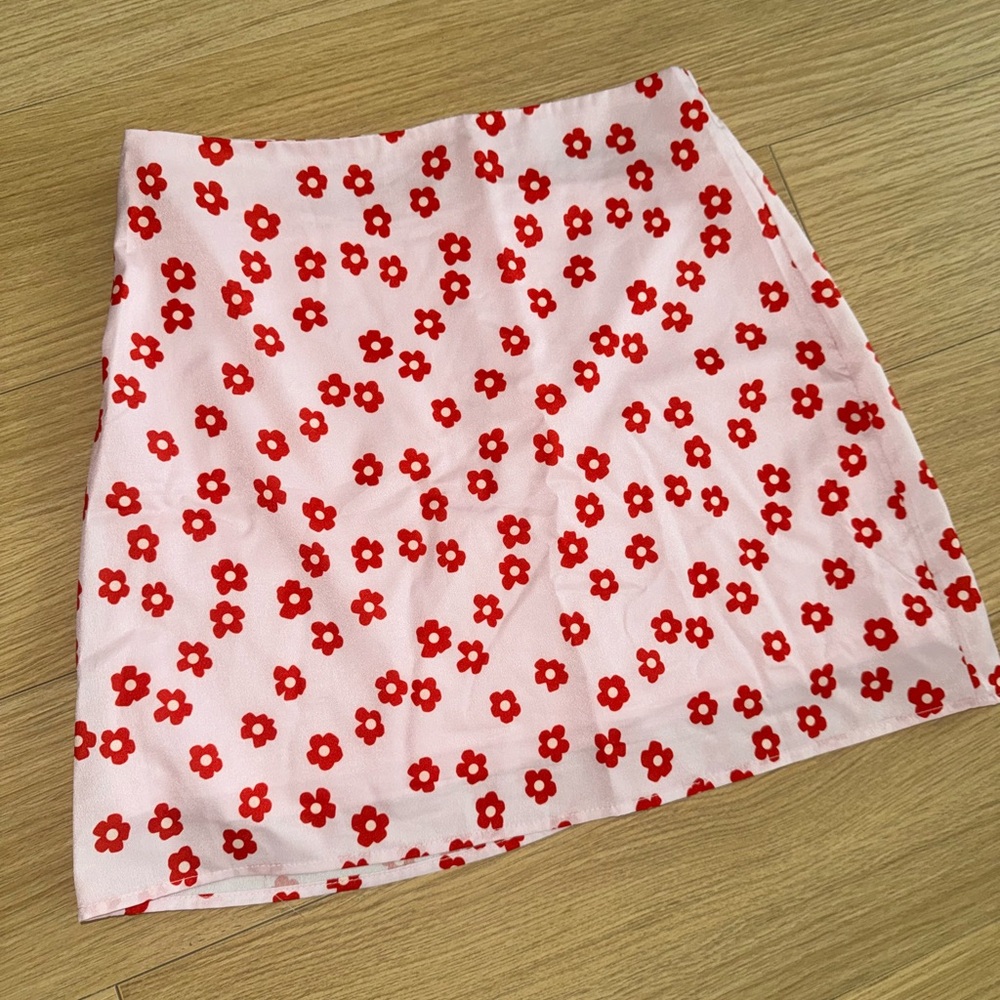 Pink A-Line Skirt with Red Floral Print